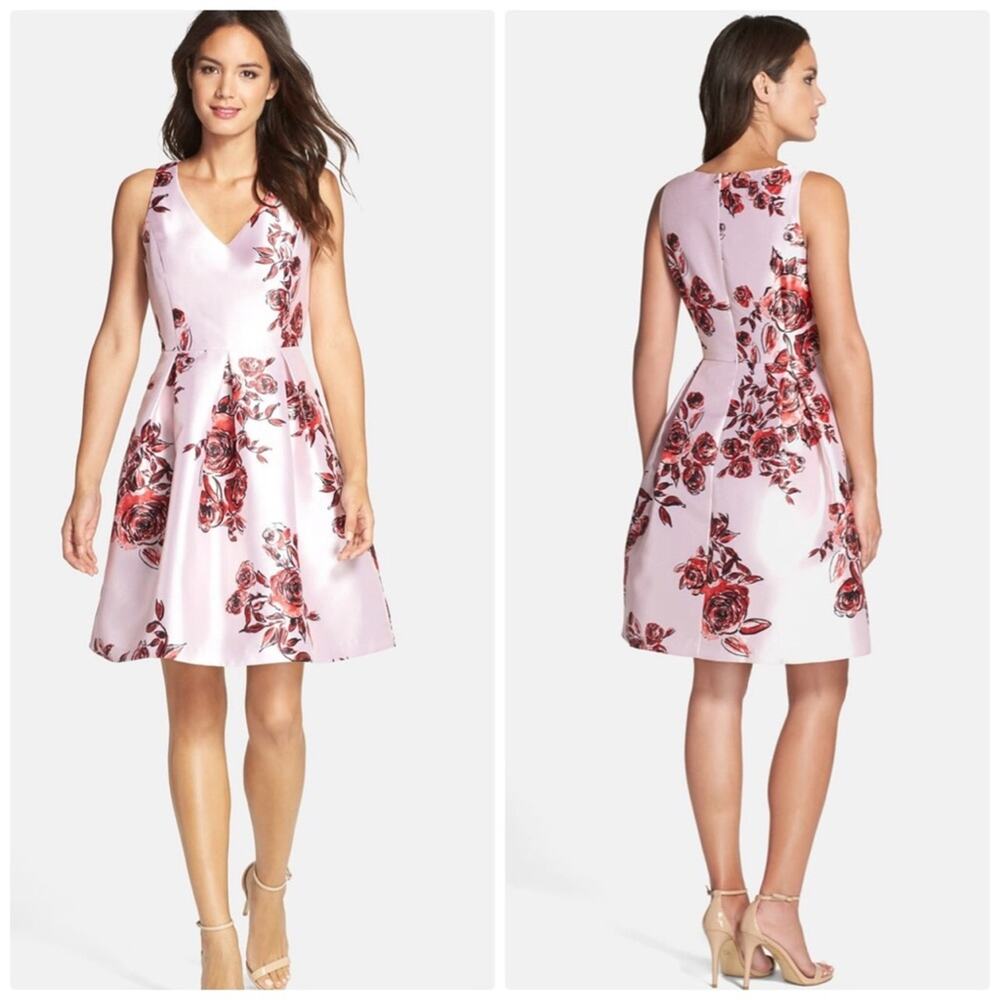 🆕 Donna Morgan Pink Dusty Rose Printed Floral Sleeveless V-Neck Dress 10